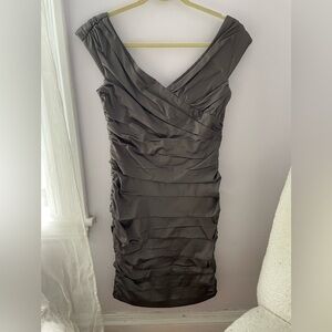 Steele grey off shoulder satin finish cocktail dress (Rina Scimento)